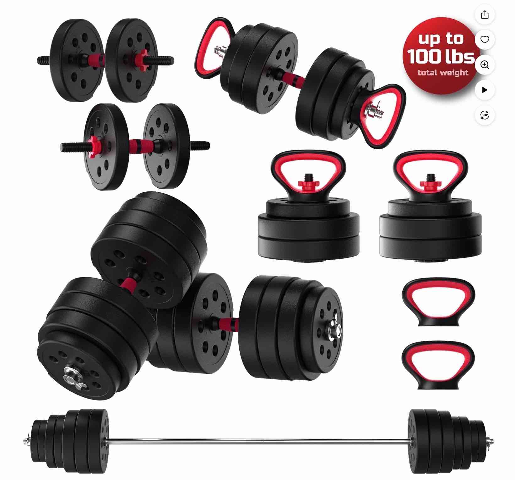 FitRx SmartBell Gym, 100lbs. Adjustable Dumbbells, Kettlebells and Barbell Weight Set, Metal Barbell