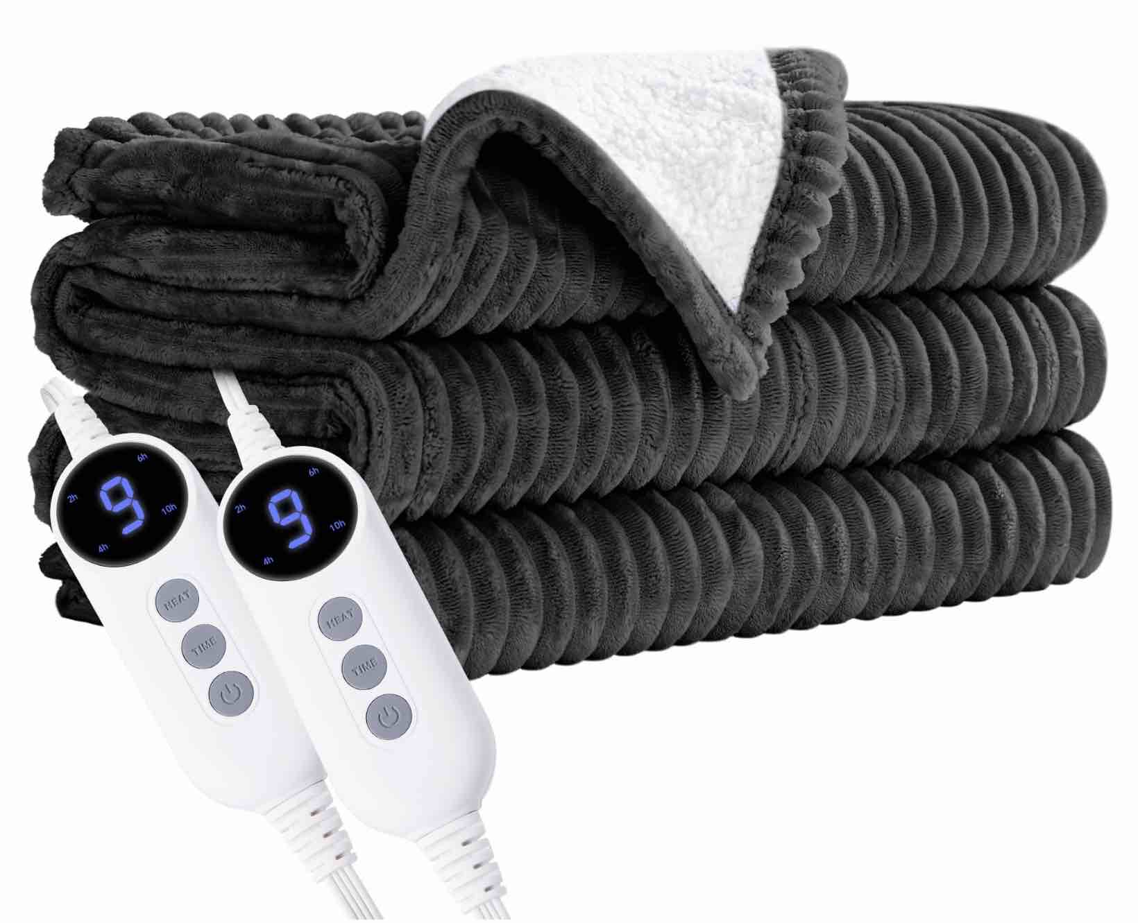 JUSTLET Heated Blanket Electric Queen, 84"x90" Heating Blanket Throw, 9 Heat Levels & 2-10 Hours Auto-Off Over-Heat Protection, Ribbed Flannel to Sherpa, Machine Washable, Gray