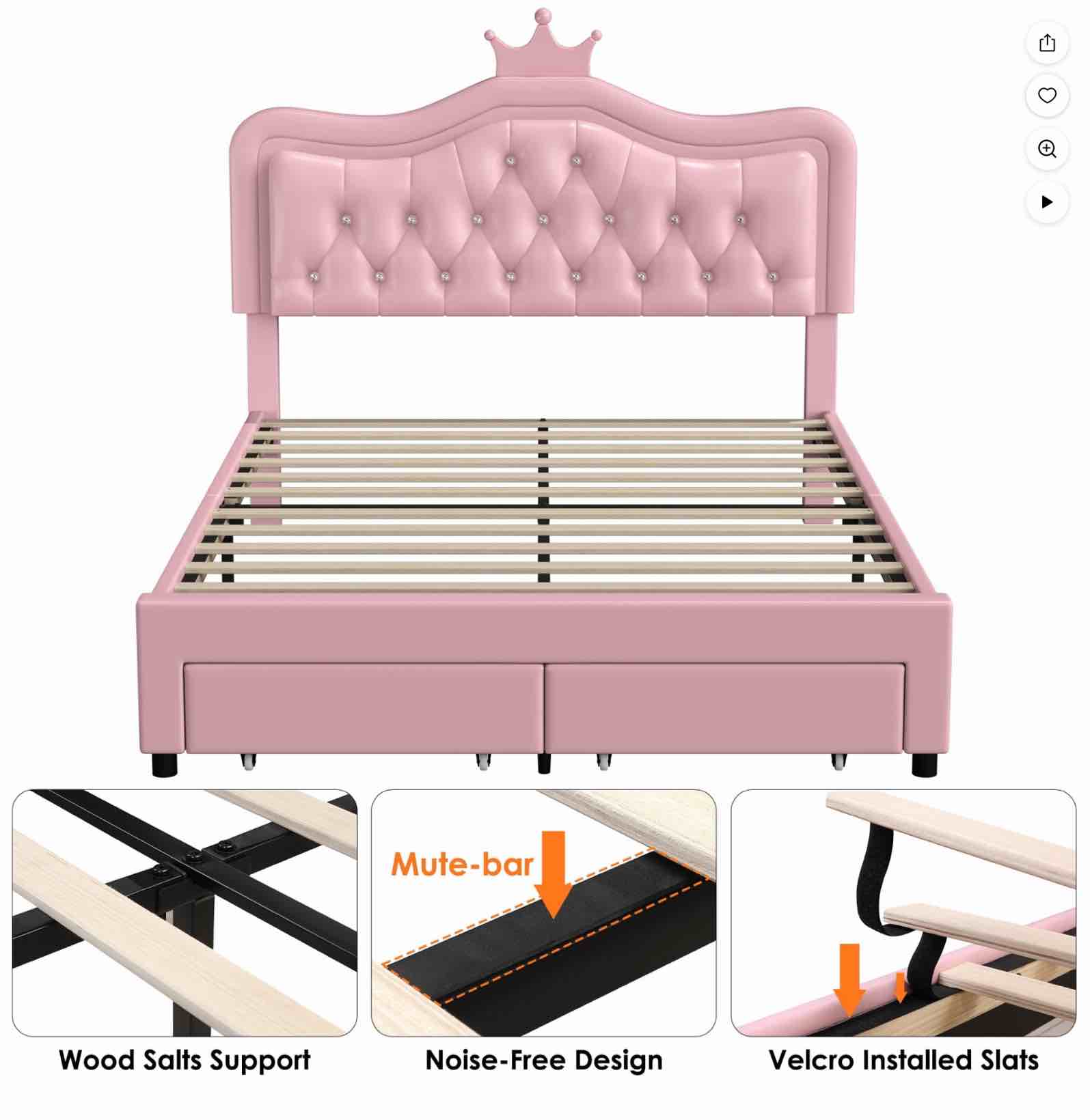 Homfa Queen Size LED Upholstered Bed with Adjustable Crystal Button Tufted Crown Headboard, Soft PU Princess Platform Bed with 2 Storage Drawers, Pink
