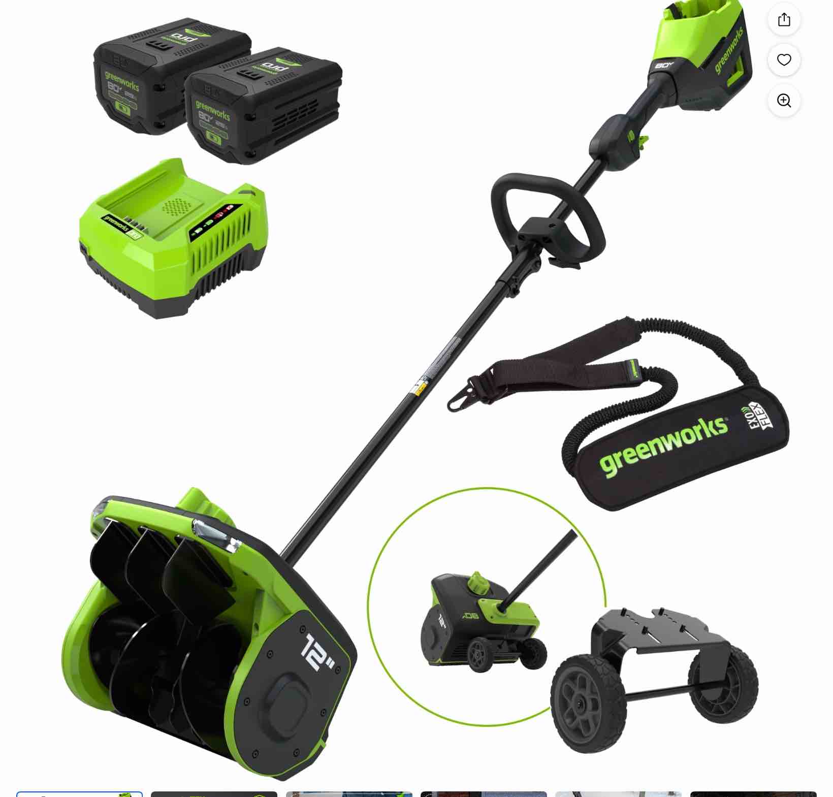 Greenworks 80V 12" Cordless Snow Shovel with Wheels w/(2) 2.5Ah Battery & Charger & Strap