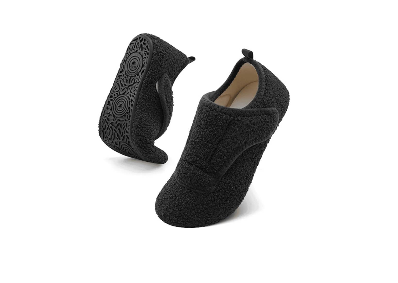 Barerun Fuzzy Adjustable Wide Diabetic Slippers for Women and Men with Rubber Sole black 