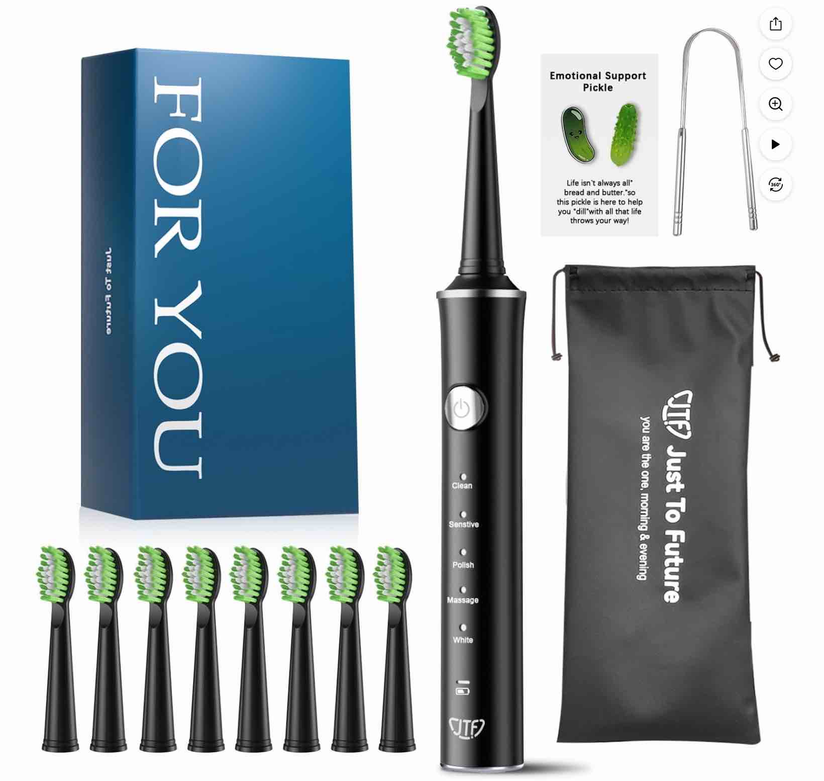 JTF Sonic Electric Toothbrush for Adults and Kids with 8 Brush Heads, Tongue Scraper and Travel Bag - FOR YOU 5 Modes Rechargeable Power Toothbrush for Family and Friends/For Home School Trips, Black