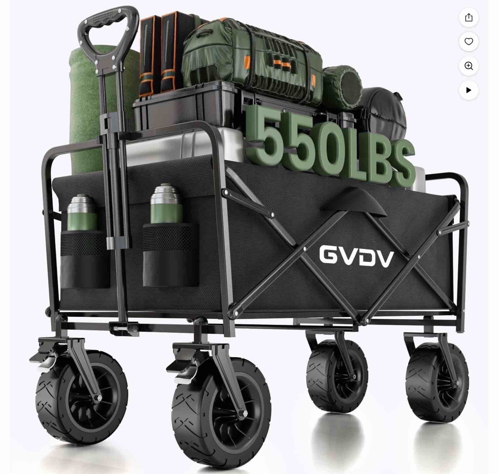 GVDV Collapsible Folding Wagon, 550LBS Large Heavy Duty Utility Cart with All-Terrain Wheels and Adjustable Handles for Shopping, Camping, Sports, Outdoor, Beach, Black