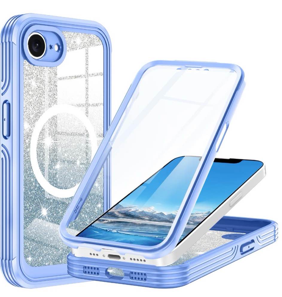 Casetego for iPhone 16e Magnetic Case 2025,[Compatible with MagSafe] Built-in Tempered Glass Screen Protector Full Body Shockproof Protective Phone Cover for Women Girls,Blue Glitter
