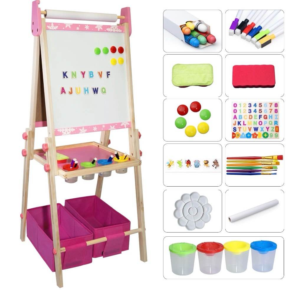 SaveJoy Kids Art Easel 3-in-1 Wooden Double Sided ,Magnetic Whiteboard, Adjustable Standing Drawing Board with Accessories for Boys & Girls,Pink