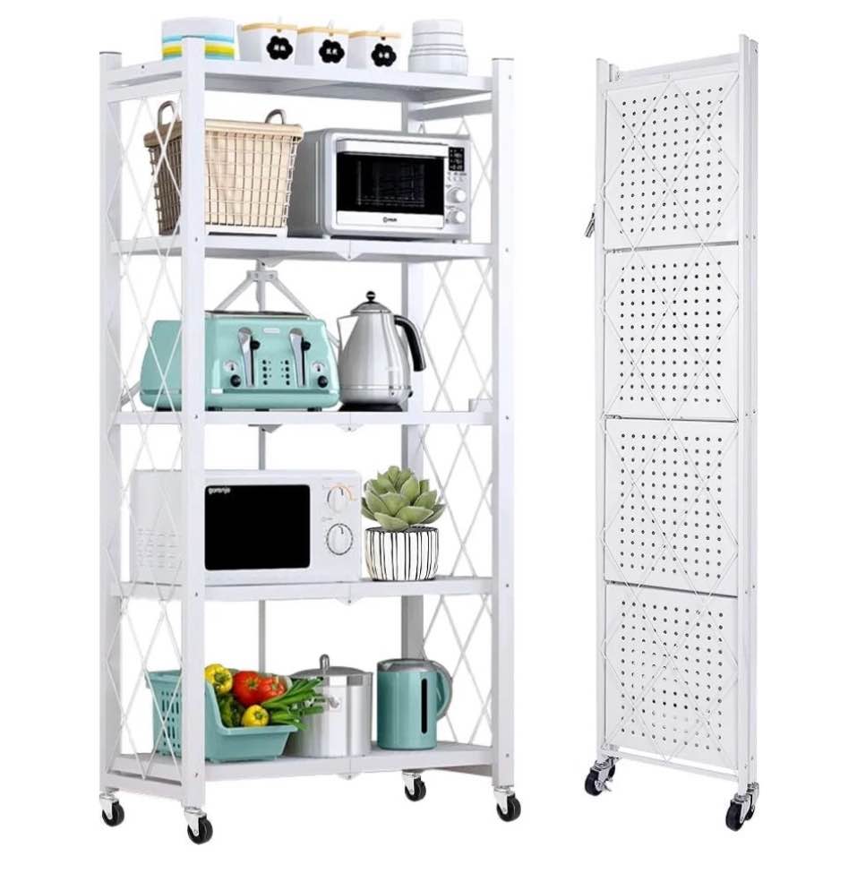 COOKCOK 5-Tier Storage Shelving Unit  Metal Shelf 27.9 x13.4 x62.5  Foldable Storage Shelf with Wheels  Garage Shelf  Metal Storage Rack  Kitchen Shelf with 4 Hooks  No Assemble Require  White