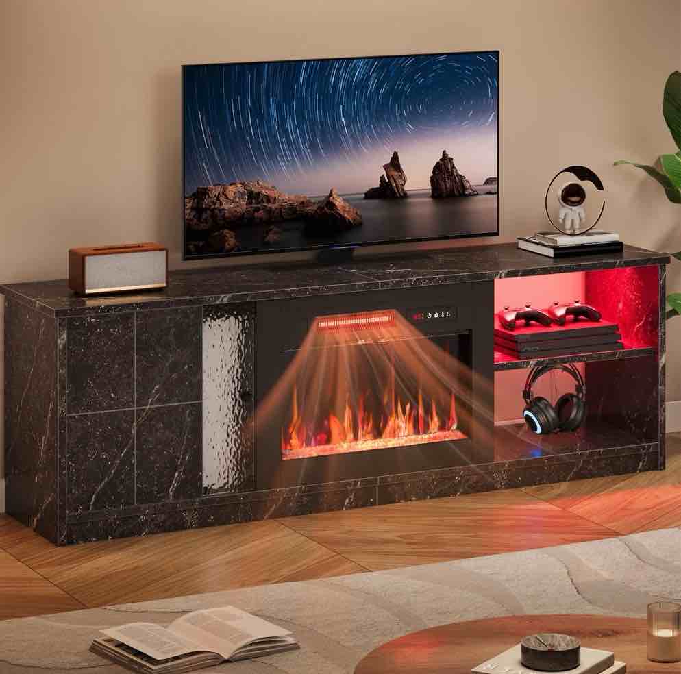 Pinmoco Electric Fireplace TV Stand for TVs up to 70", LED Entertainment Center With Cabinet & Shelves, TV Media Console Table for Living Room, Bedroom, Black Marble