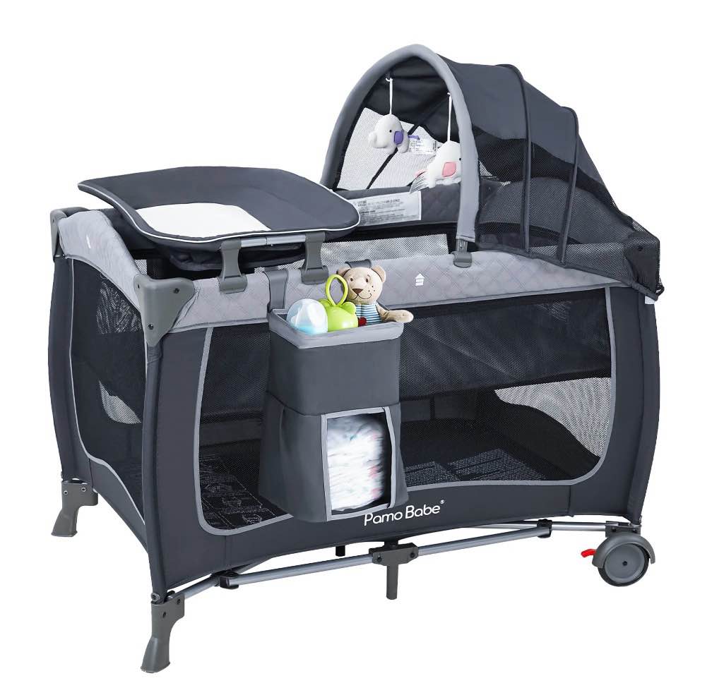 Pamo Babe Unisex Portable Baby Play Yard Include Wheels, Canopy, Changing Table for Newborn(Grey)