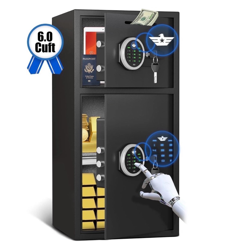 Omethey 6.0 Cub Home Safe Box Fireproof Waterproof  Money Safe with Deposit Slot and Backlit Keypad  Heavy Duty Home Safe with Dual Alarm Sytem  Fireproof Safe with 2 Doors for Home Valuables