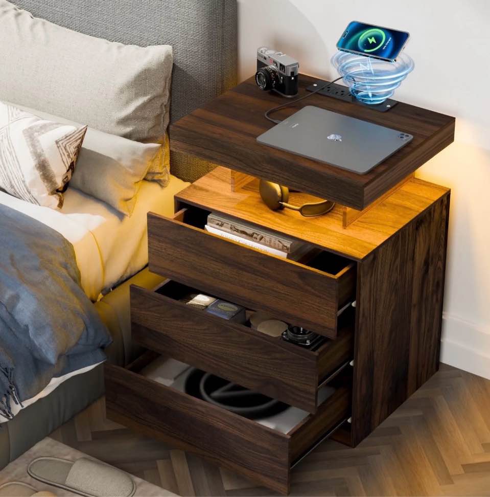 Hommpa 3 Drawers Nightstand Wireless Charging Station LED Bedside Table Dark Walnut Night Table Modern Smart Nightstand High Gloss End Side Table for Bedroom Furniture 26.8" Tall
