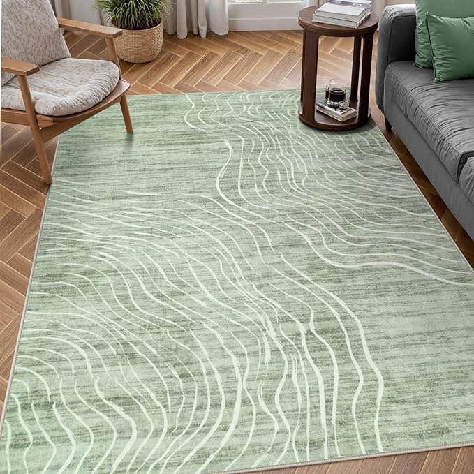  Machine Washable Modern Abstract 6x9 Area Rug, Non Slip Large Bedroom Living Room Nursery Girl Rug Minimalist Wave Striped Neutral Boys Rug, Carpet for Dining Room Playroom(Sage Green,8”x10”)