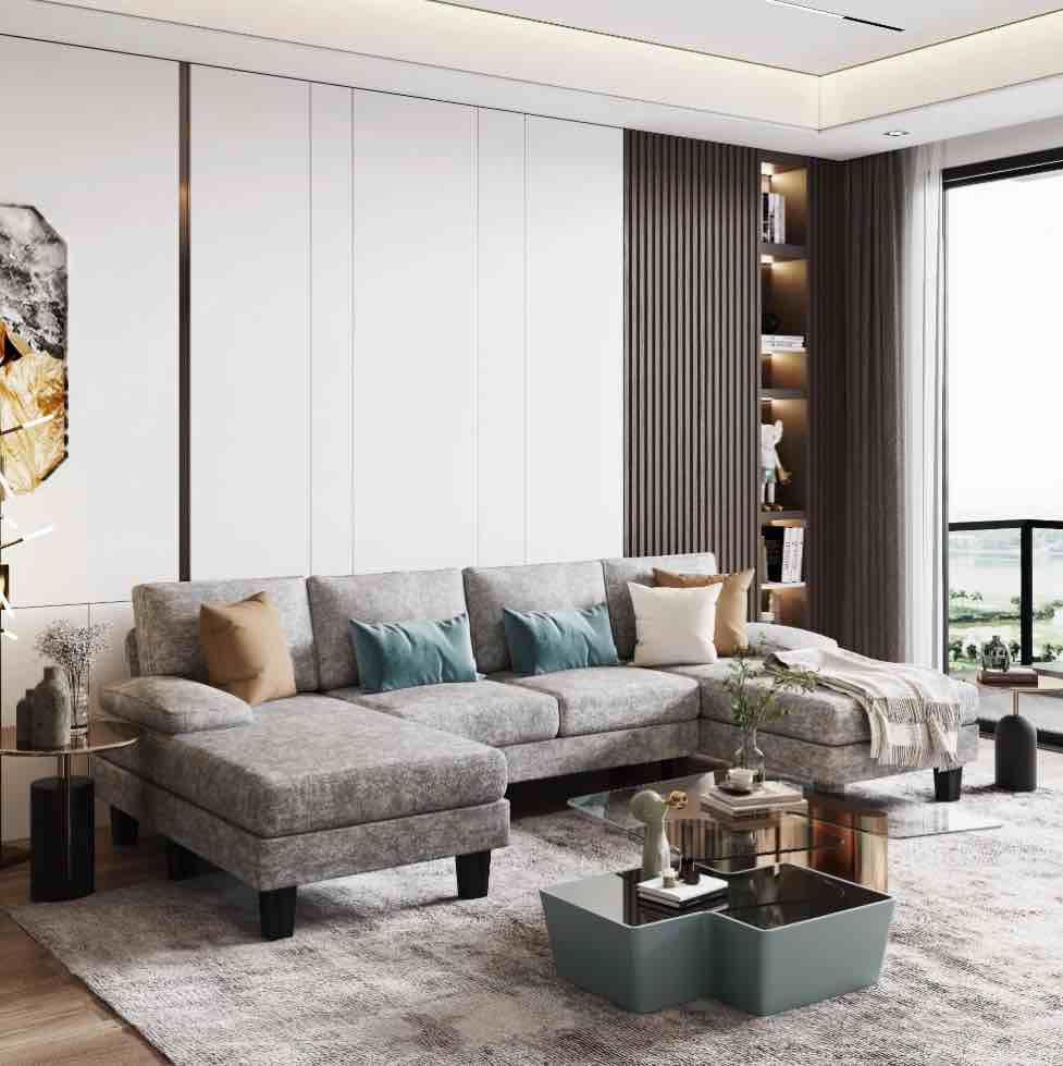 Homall Modern U-Shape 6 Seat Sectional Sofa, Chenille Fabric Modular Couch, Oversized Sofa with Chaise for Living Room, Gray