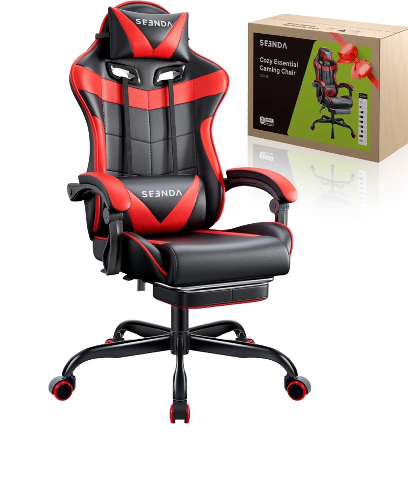 gaming chair, seenda video game chair with footrest and lumbar support, ergonomic computer chair height adjustable with swivel seat and headrest, red
