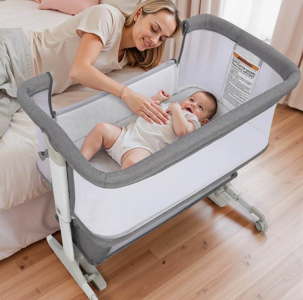 vomeast baby bassinet bedside sleeper with wheels, adjustable height, dual-lock, storage bag for newborns infants, gray