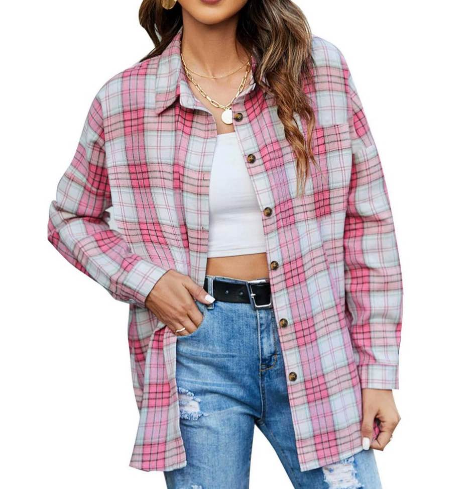 fantaslook plaid flannel shirts for women oversized long sleeve button down shirts blouses tops size l 