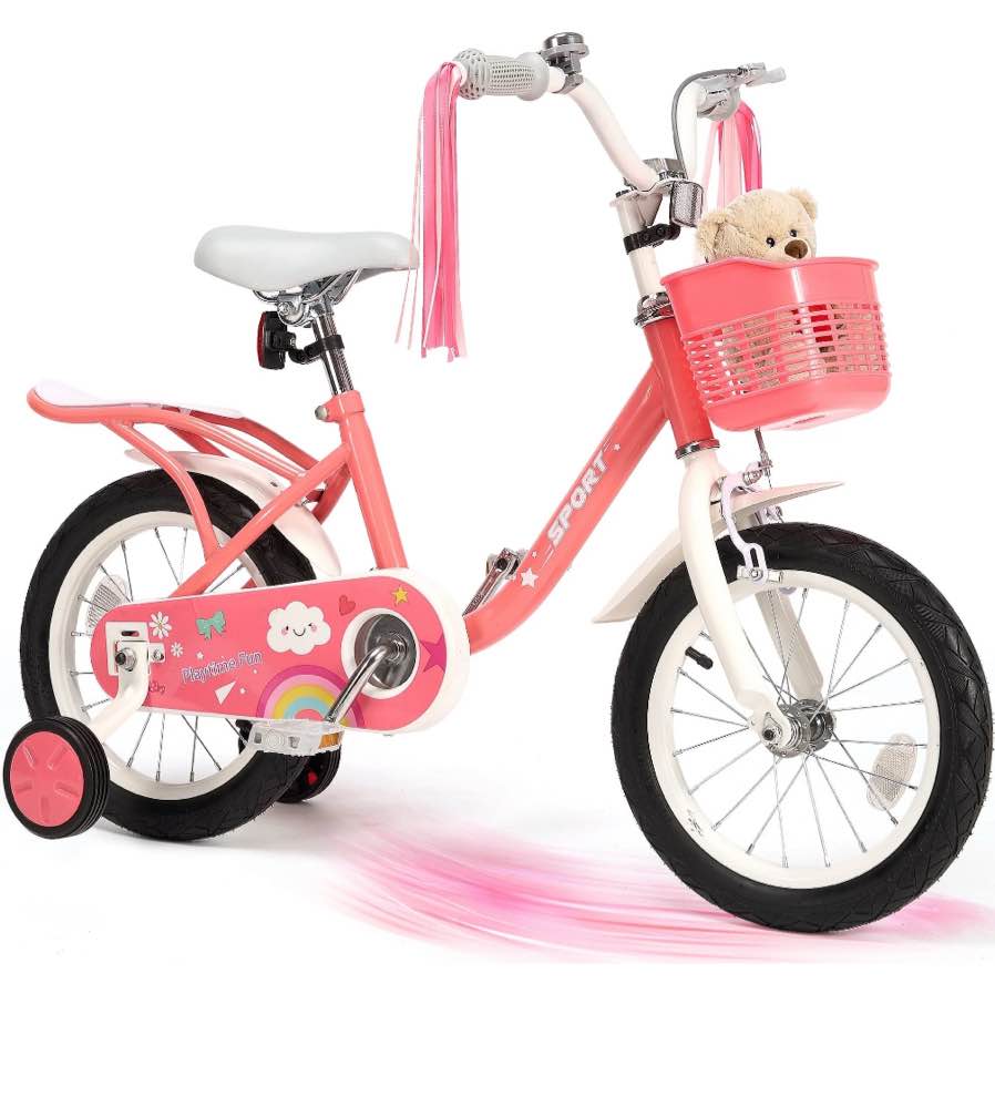 Naipo 14Inch Kids Bike for 3 -8 Years Girls Boys  with Handbrake 14" Children Princess Bicycle with Training Wheels Basket Streamer Toddler Cycle Bikes Pink