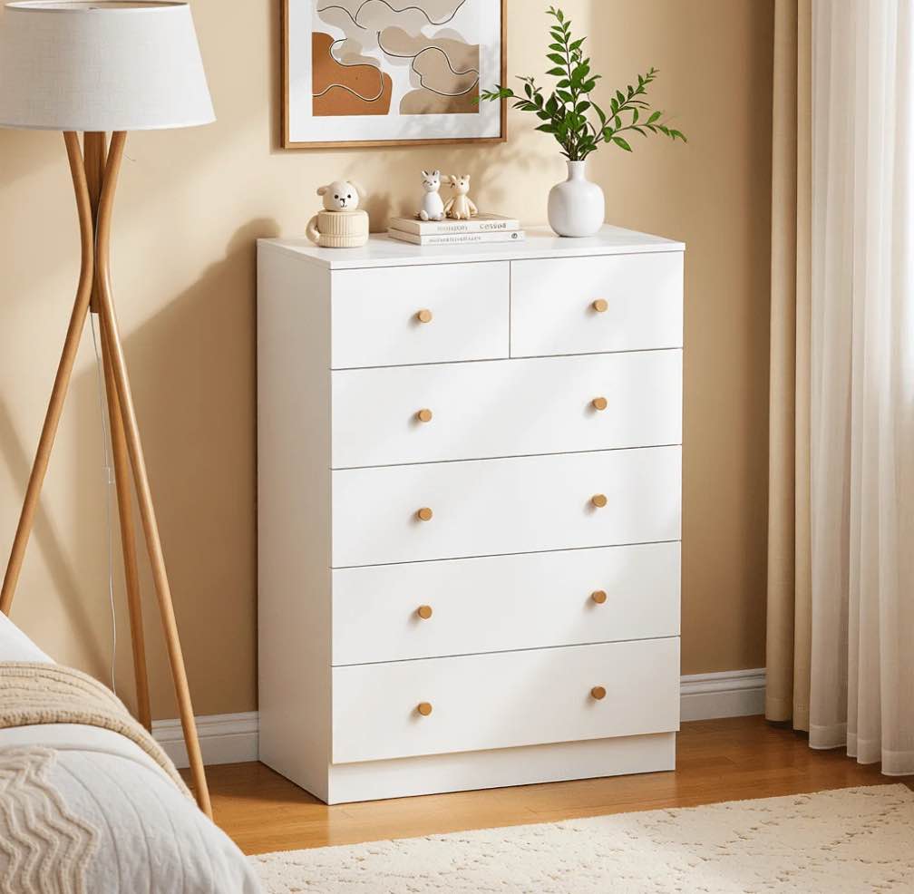 Capri White 6 Drawer Dresser, Modern Nightstand, Storage Wide Chest of Drawer, Wooden Dresser Storage Cabinet for Adults, Bedroom Living Room Furniture