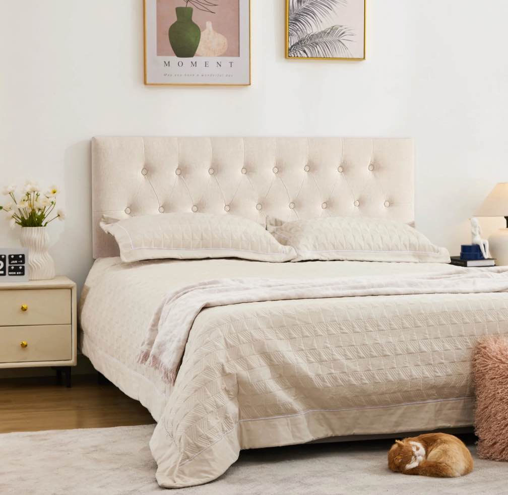 JONPONY Tufted Upholstered Headboard Queen Size, Solid Wood Head Board with  Adjustable Height  Headboard from 37" to 51",Bed Frame Adapters,Beige,Headboard Only