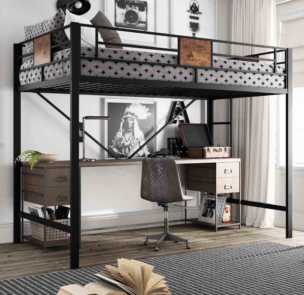 Amolife Twin Size Metal Loft Bed with Removable Ladder & Full-Length Guardrail  Black