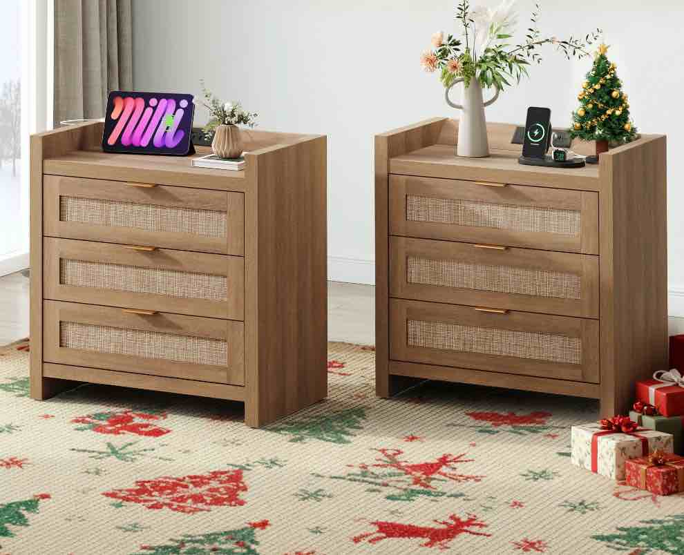 sicotas 26.57"h tall boho nightstands set of 2 with 3 drawers, rattan nightstands with charging station and type-c ports rattan end table beside table for bedroom enrtyway living room, natural oak