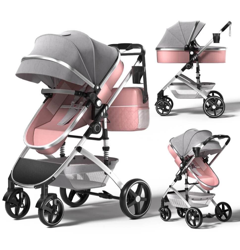 babyeap 2 in 1 baby stroller, foldable lightweight carriage reversible bassinet pram for toddler, travel stroller with cup holder, storage bag, pink