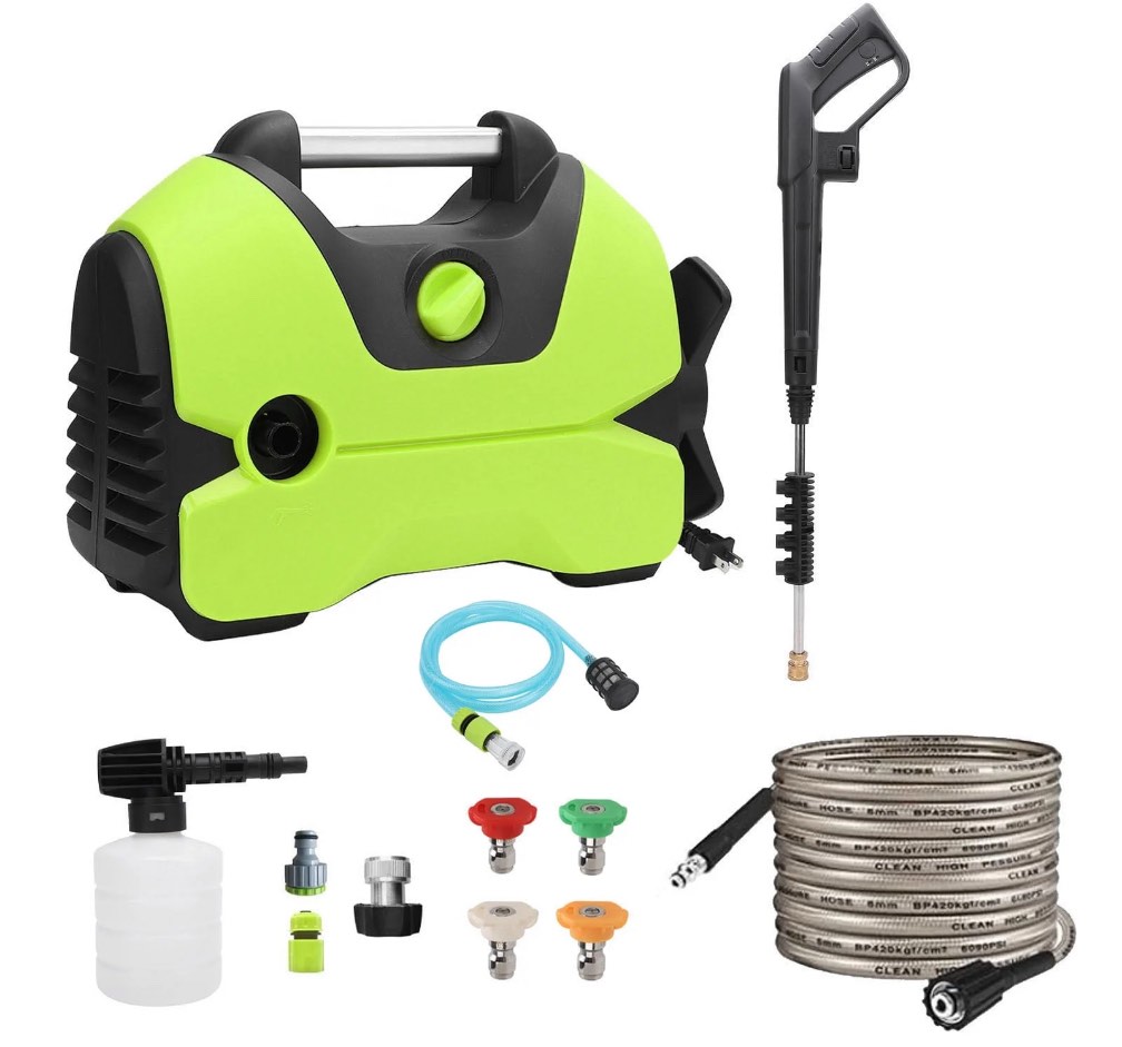 electric pressure washer, 2200 psi, max 1.4 gpm power washer w/ 32 ft hose, 4 quick connect nozzles, foam cannon, portable to clean patios, cars, fences, driveways