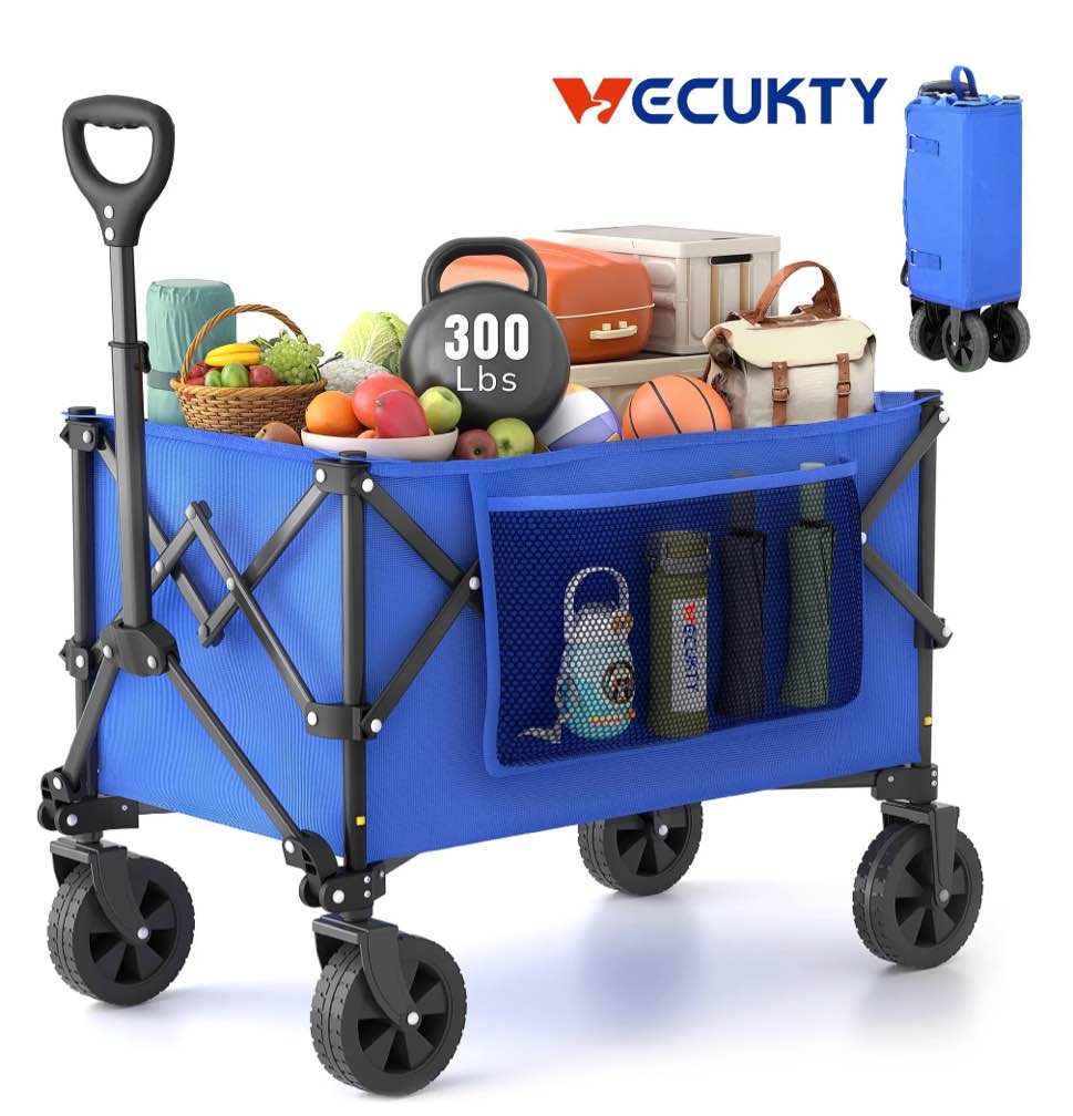 vecukty compact wagon cart, gathered collapsible camping cart,portable utility grocery wagon for camping, beach, picnic, shopping, blue