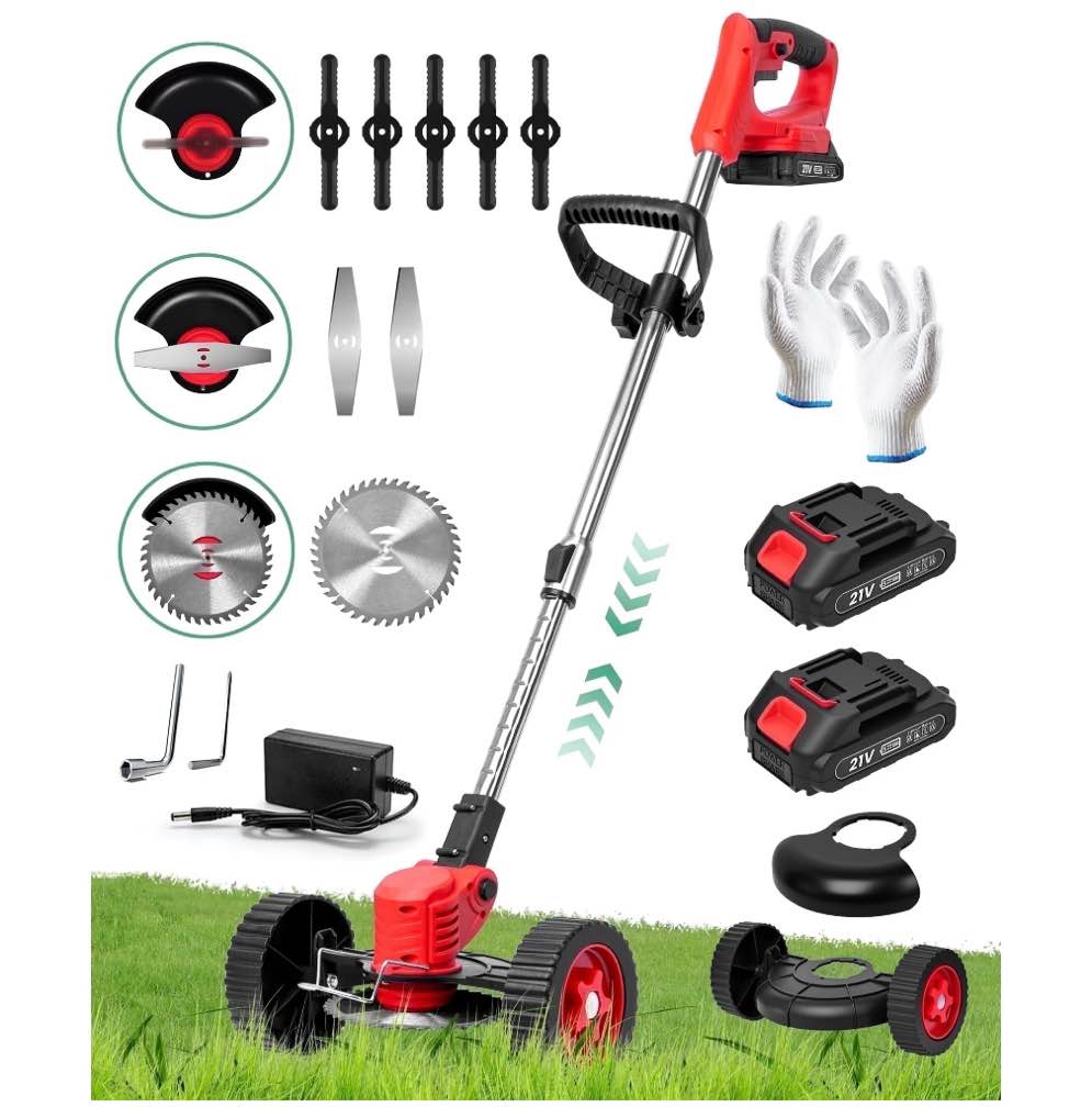 yahhu cordless electric string trimmer  21v - trimmer, edger, and mower with multiple blades for lawn and garden