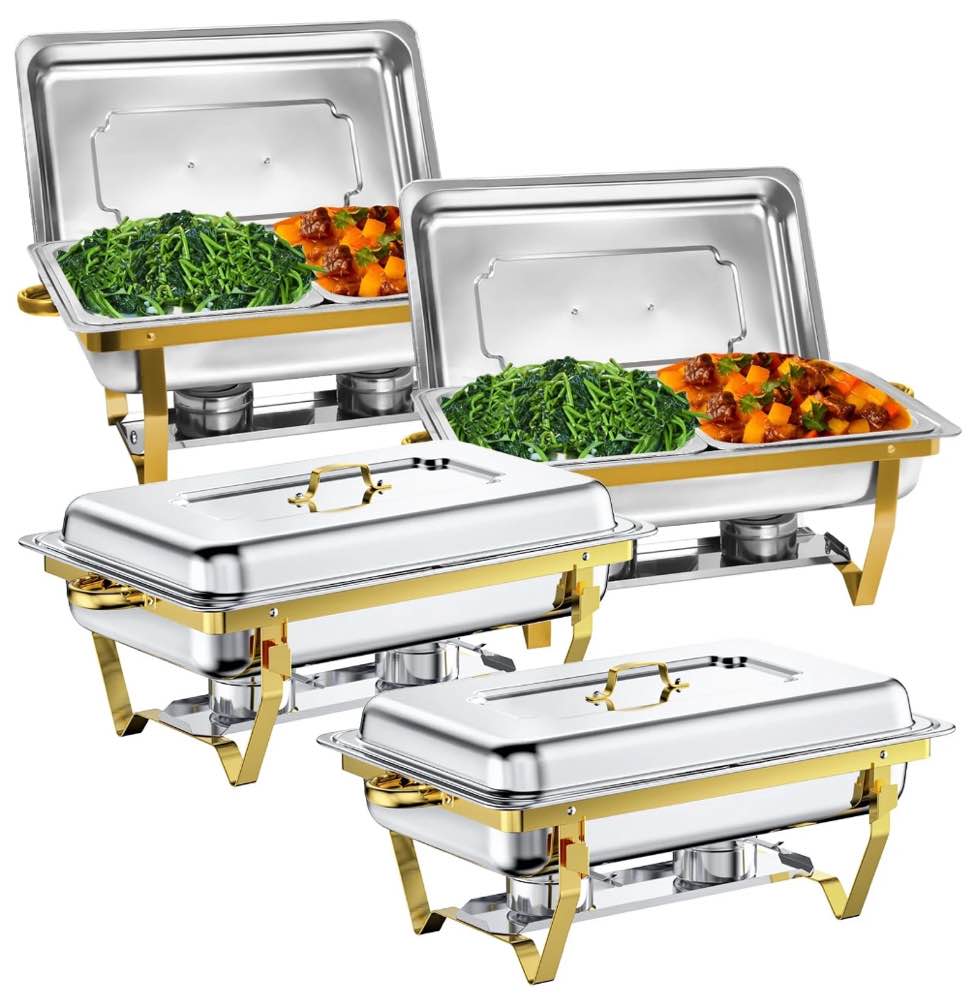 jacgood rectangle golden chafing dish buffet set half pan  8qt 4 pack stainless steel catering warmer set with water pan for home party  buffets  wedding  banquet  catering events
