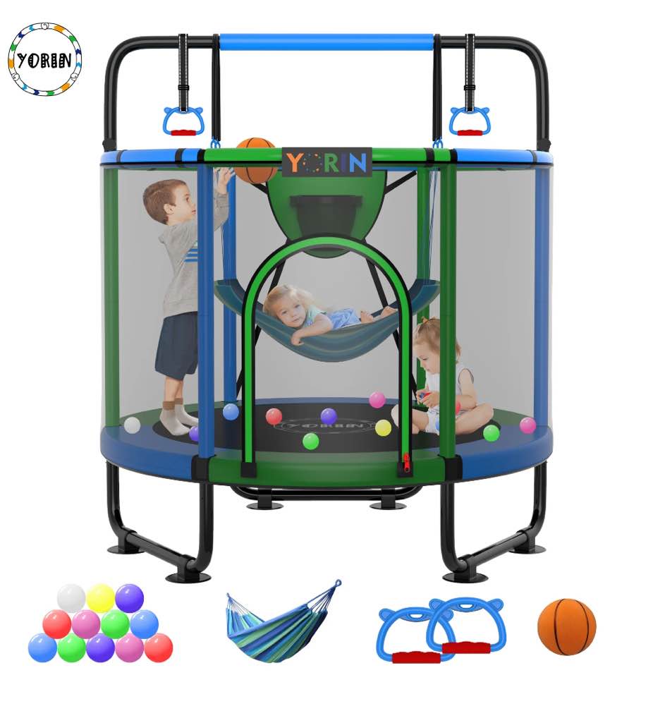 yorin trampoline for kids, 5ft toddler mini trampoline with enclosure net, basketball hoop, 60'' indoor/outdoor kids trampoline with swing, adjustable gymnastics bars, gifts for boys & girls, 600lbs
