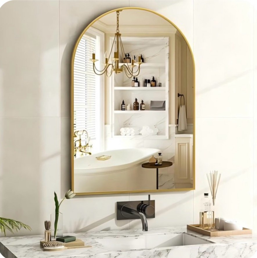 yvanla 24 x16  arched bathroom mirror wall mounted mirror with aluminum alloy frame  gold