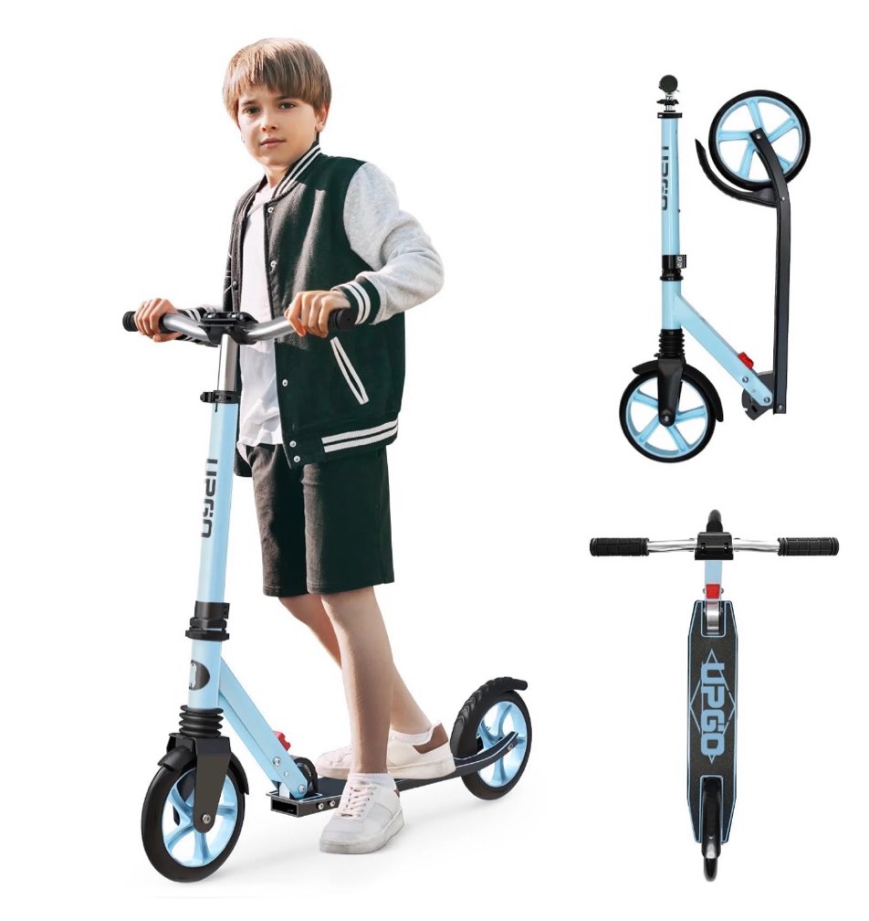 upgo kick scooter for teens, kids & adults, max 240 lbs, foldable, 8-inch wheels, 4 adjustable levels, aqua