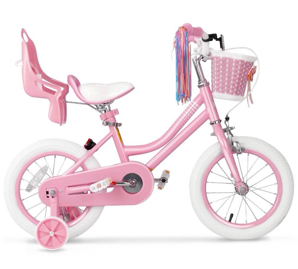 xjd girls bike for toddlers 3-9 years old kids, 14 inch kids bike with training wheels, streamers, basket and doll seat, children bicycles with handbrake pink