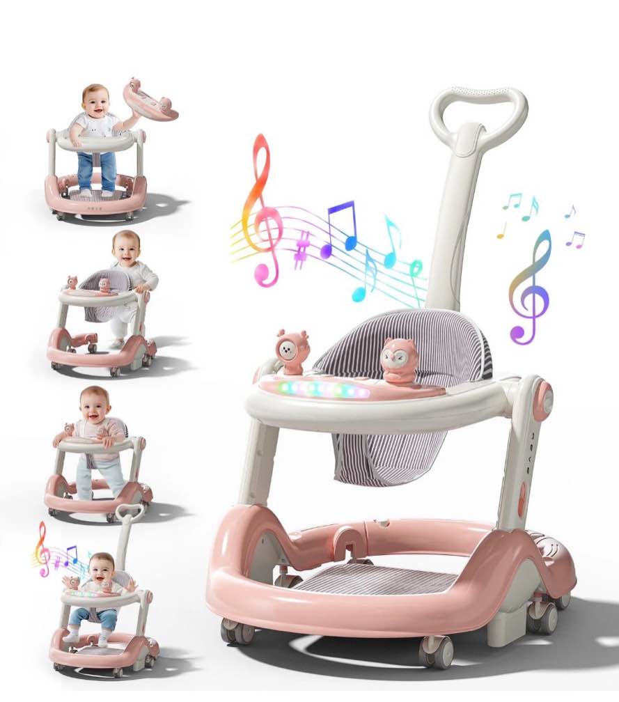 wonderstone 5 in 1 baby walker, foldable push walker with wheels, music & light, baby bouncer, baby activity center for boy girl 6-12 months (pink)