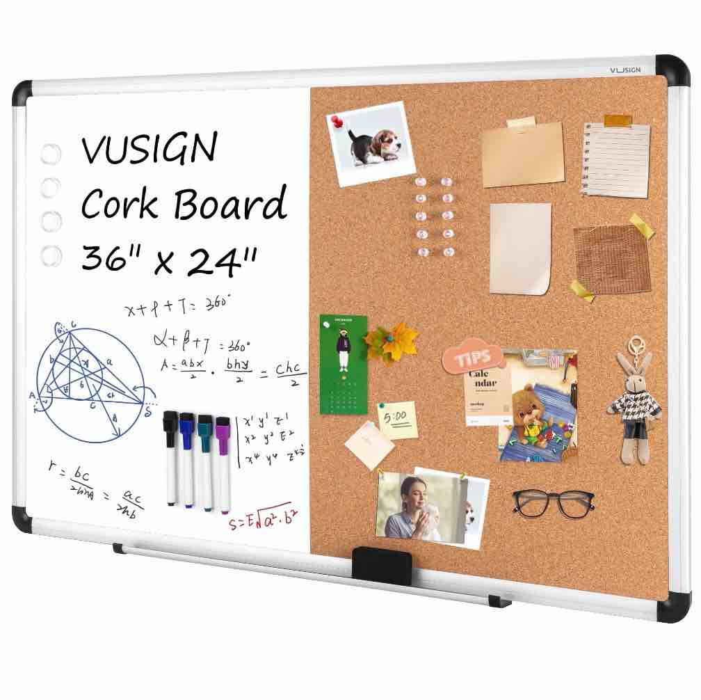 vusign 2 in 1 combo whiteboard for wall magnetic dry erase board cork combination board 24" x 36" school supplies