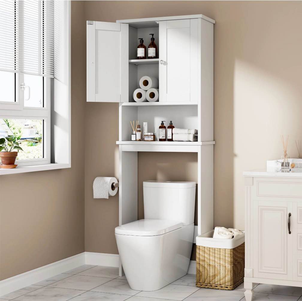 walsunny over the toilet storage cabinet bathroom shelves organizer space saver freestanding restroom shelf with doors anti-tip device adjustable shelf white