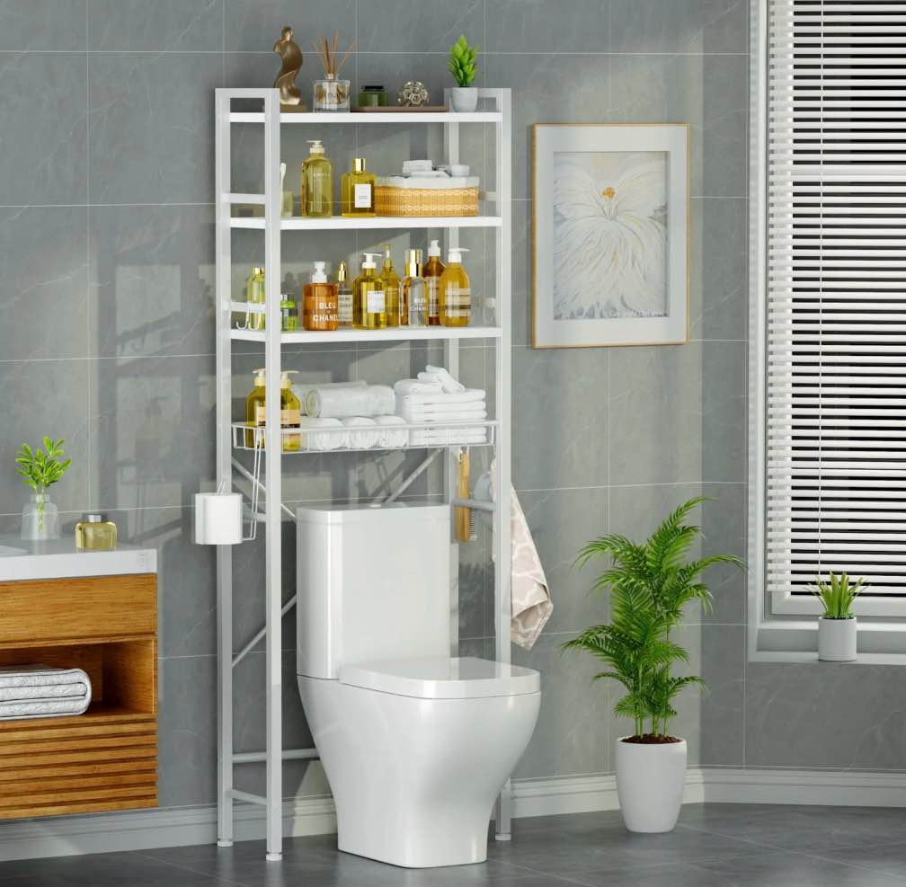 capri over the toilet storage shelf, 4-tier freestanding bathroom organizers and storage, above toilet space saver rack with adjustable shelves, toilet paper holder and 3-hooks, white