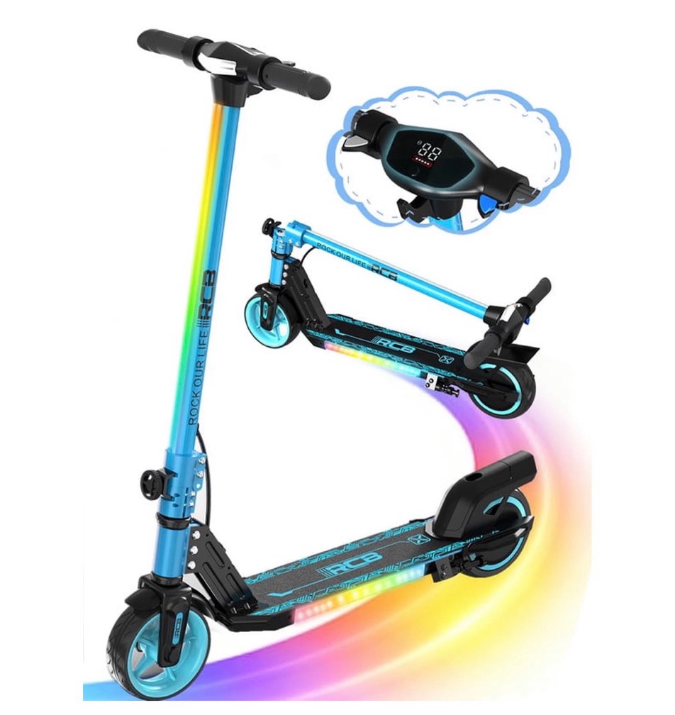 rcb electric scooter for kids,max speed 9.3 mph,6.5 miles range,rainbow led lights&display,foldable&portable,blue