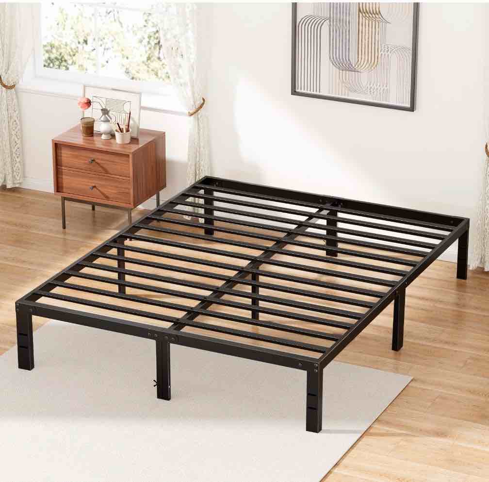 zunmos 14 inches queen bed frame, heavy duty metal platform with storage space under frame, no box spring needed queen size bed frame, black