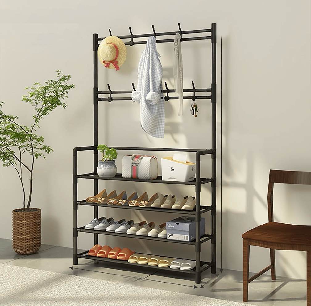 hioha coat and shoe rack, hall tree for entryway with 4-tier storage shelves,storage organizer with 8 hooks for bedroom, hallway, office, black