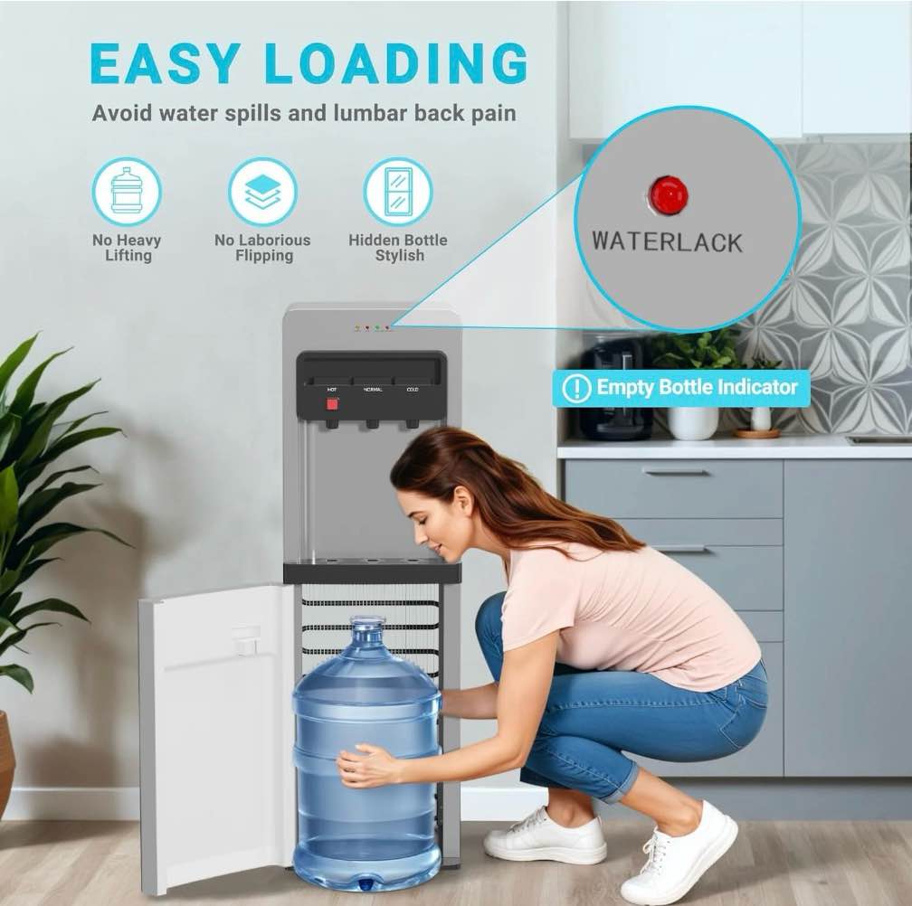 Condition photo showing As Is for Behome Bottom Load Water Cooler Dispenser with Lack Water Alert, 3 Temperature Settings-Hot, Cold & Room-Temperature Water, Holds Up to 5 Gallon Bottles, for Homes, Kitchens, Dorms