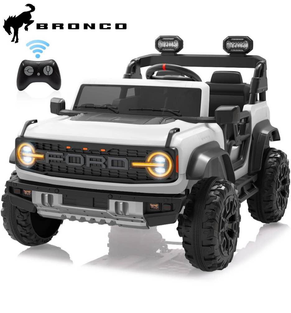 24v 2 seater ride on cars, licensed ford bronco raptor powered ride on toys truck with remote control, 4 wheels spring suspension, bluetooth, led light, electric cars for kids ages 3-8 gifts, white