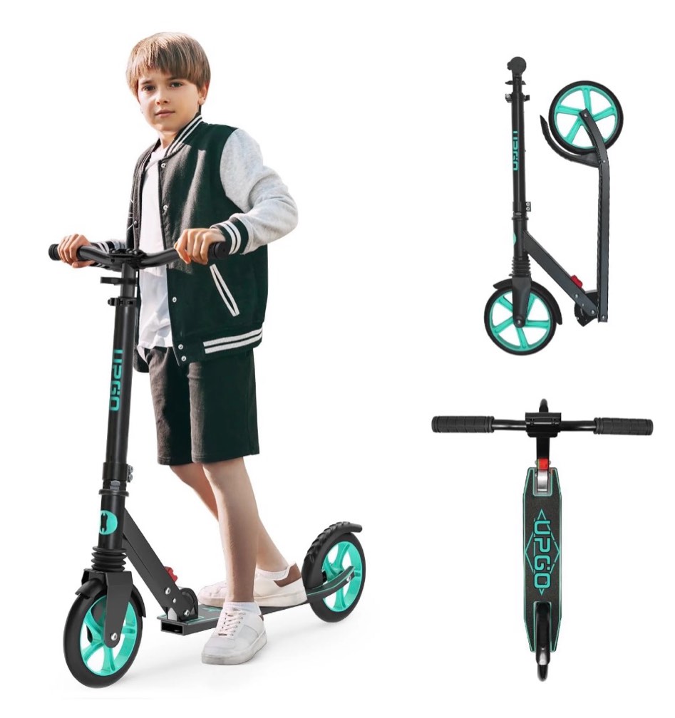 upgo kick scooter for teens, kids & adults, max 240 lbs, foldable, 8-inch wheels, 4 adjustable levels, aqua