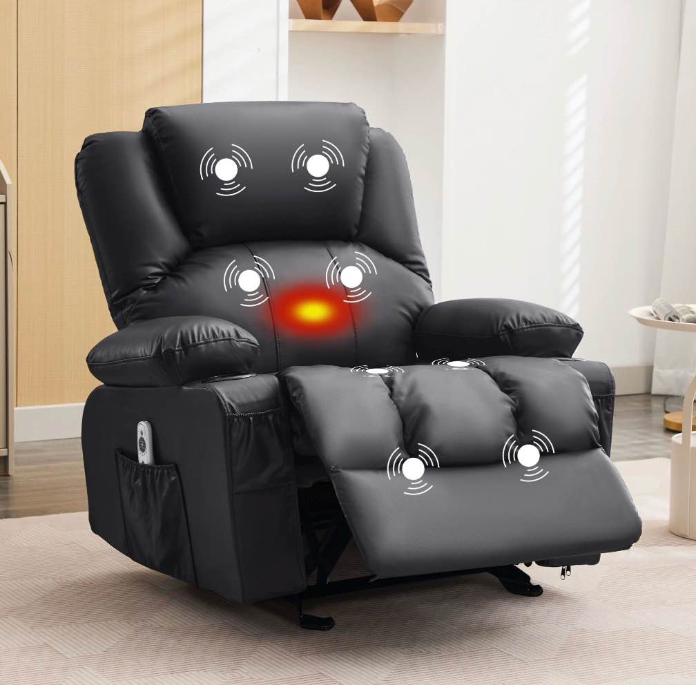 jonpony manual recliner chair with heat therapy and massage function, heavy duty reclining mechanism massage chair, elderly single rocker sofa with cup holders for bedroom home theater,black