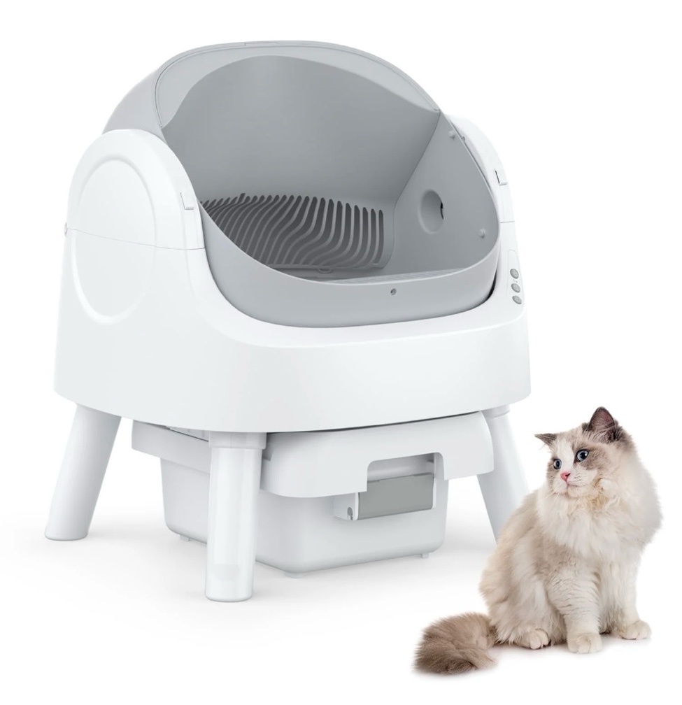 petpivot automatic cat litter box self-cleaning with safety protection, mat and trash bags included, grey