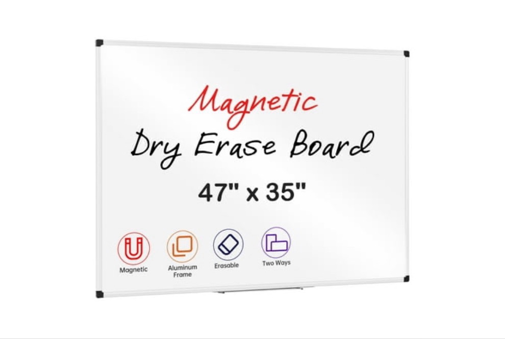 Deli Magnetic Dry Erase Board 47 X 35 Inches Wall Mounted White Board with Pen Tray Silver Aluminium Frame