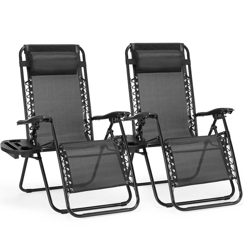 concetta 2 zero gravity lounge chairs, foldable reclining camping for patio, lawn, beach, black