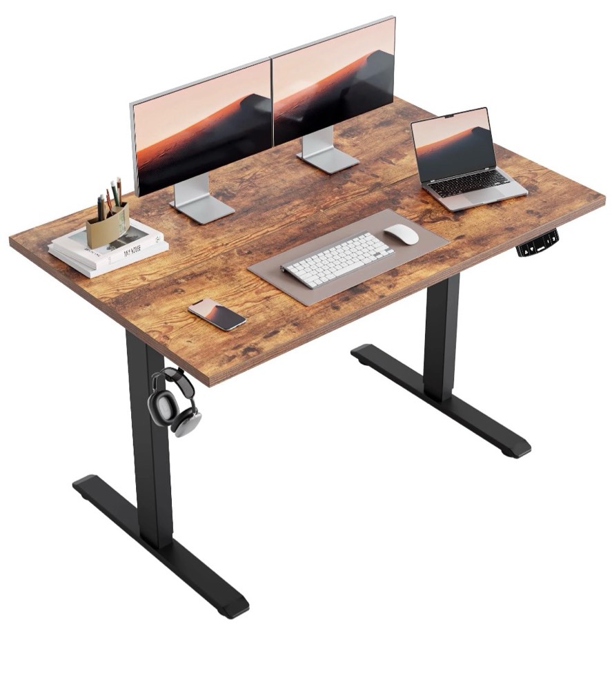 47.2 inch electric height adjustable standing desk, ergonomic home office desk with memory preset, sit to stand computer desk with hooks, rustic brown