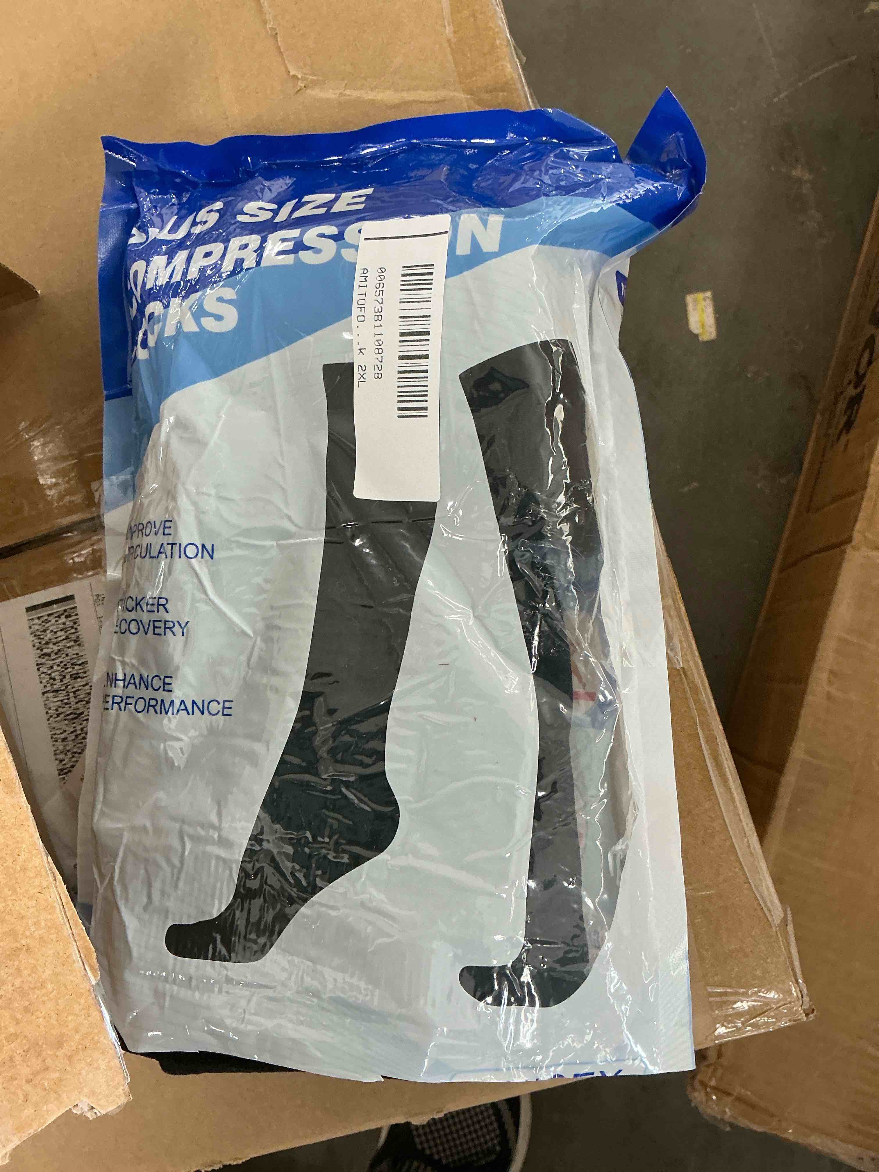 Condition photo showing New/Like New for AMITOFO Compression Socks for Women Wide Calf 3 Pairs Men Circulation 20-30mmHg Plus Size Knee High Support Stockings for Medical | Circulation | Nurses | Running | Travel Black 2XL