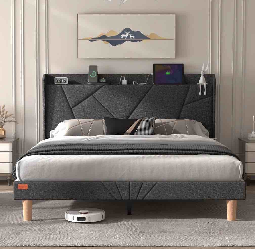 nisien king size bed frame with charging station, king upholstered platform bed with wingback storage headboard, dark gray